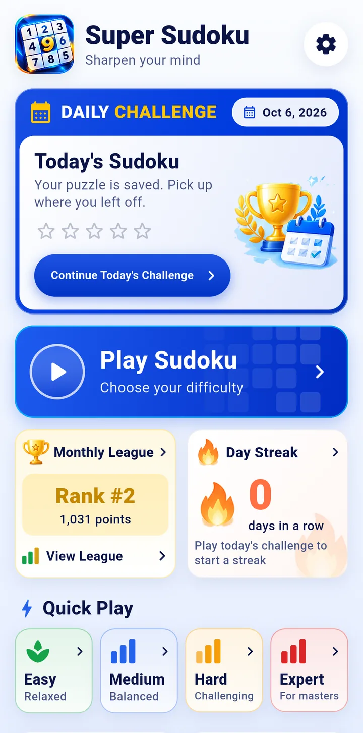 Super Sudoku home screen with the Daily Challenge card, Play Sudoku button, Monthly League rank, day streak and Quick Play difficulties