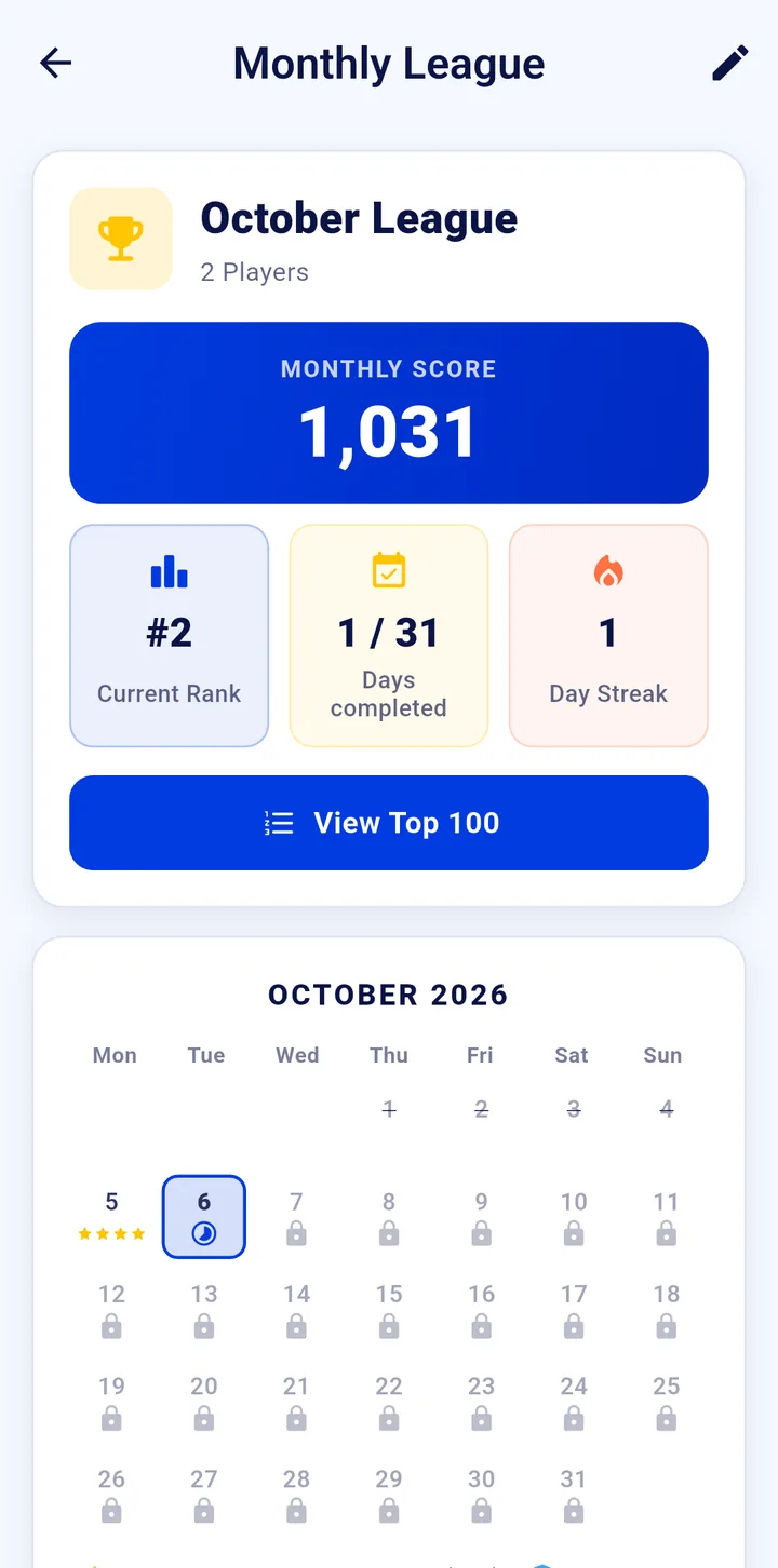 Monthly League screen showing the October League monthly score, current rank, days completed, day streak and the month calendar
