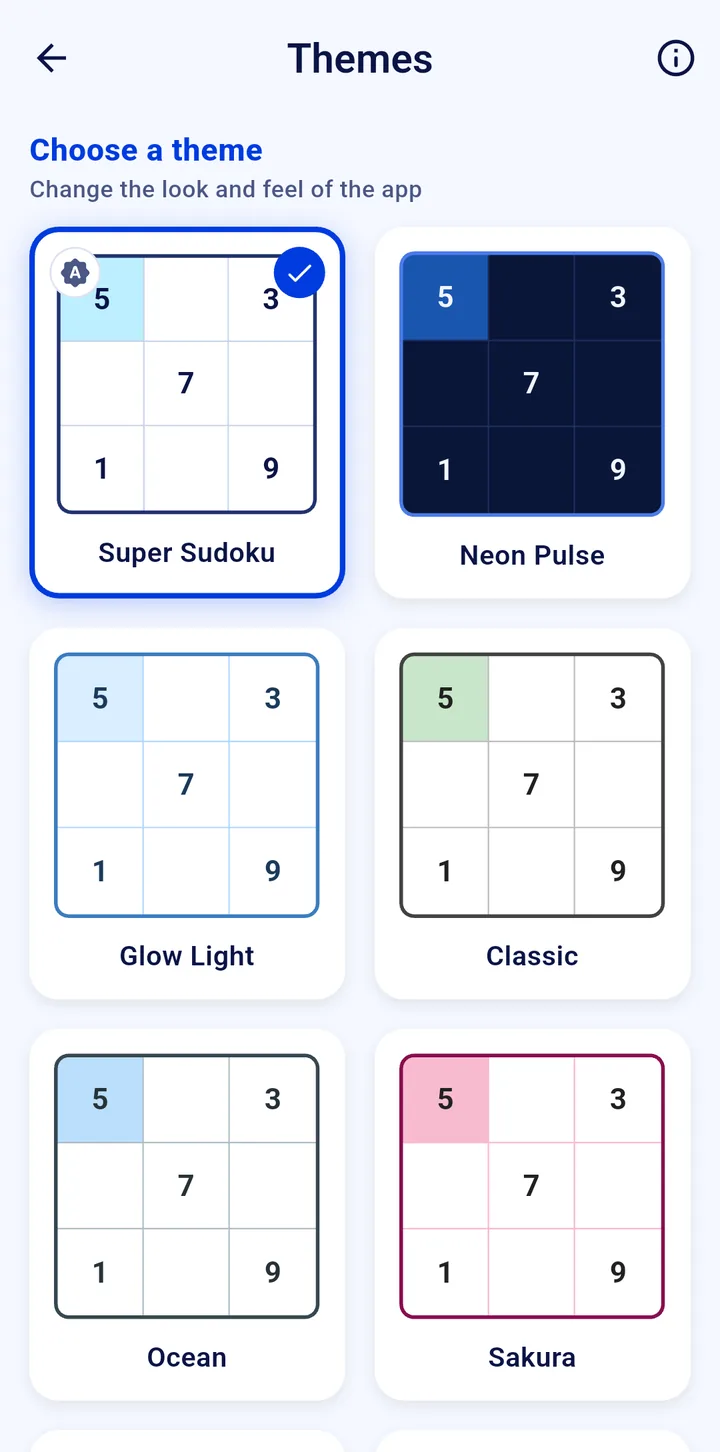 Themes screen with six theme cards: Super Sudoku, Neon Pulse, Glow Light, Classic, Ocean and Sakura